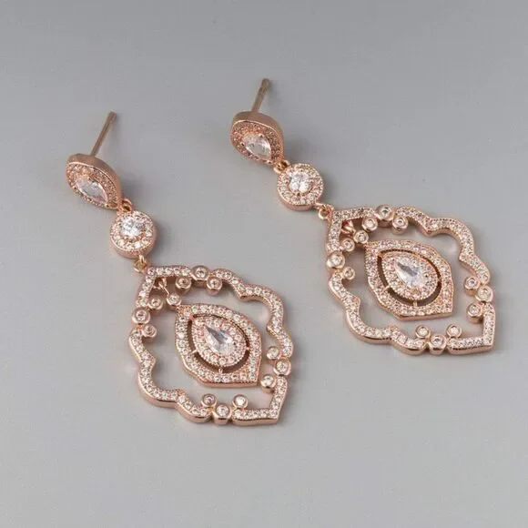 14K Rose Gold with White Diamond CZ Art Deco Chandelier Post Back Drop Earrings - Picture 2 of 6